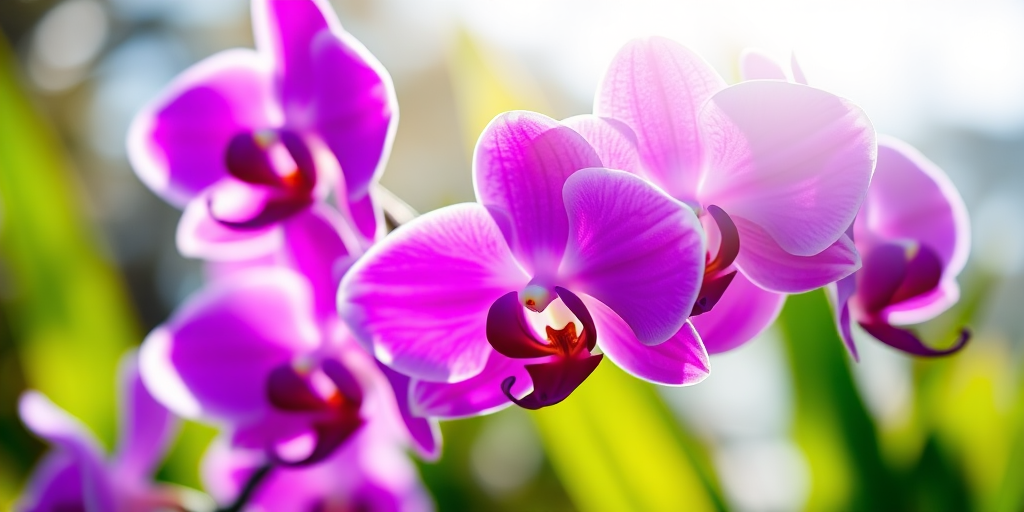 Close-up of vibrant purple orchids in natural sunlight, shallow depth of field, f/2.8 aperture, ISO 100, 50mm lens, taken with a DSLR camera, vibrant colors and sharp details.