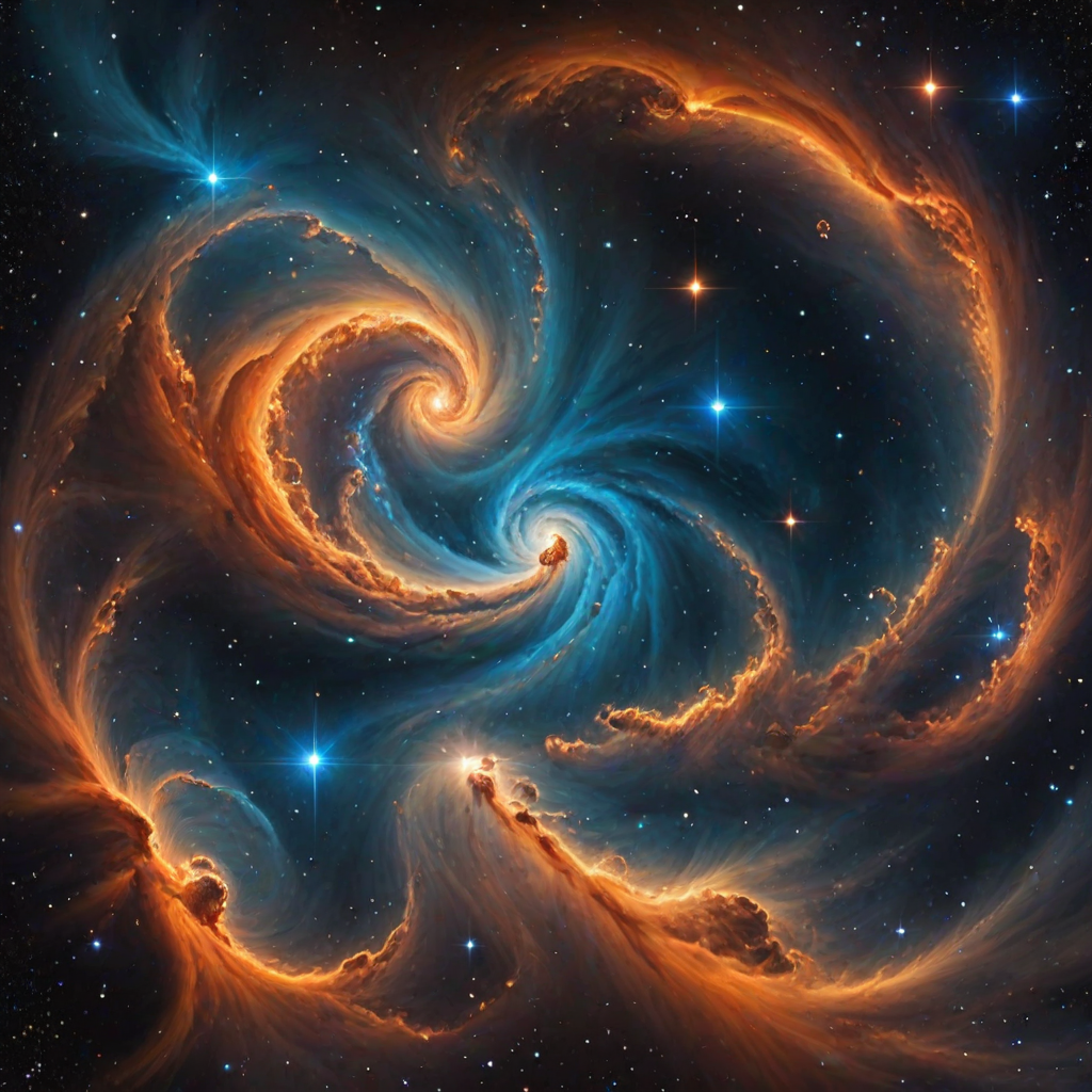 create an image of a vibrant cosmic scene with swirling blue and orange nebulae, sparkling stars, and a dark expanse of space in the background