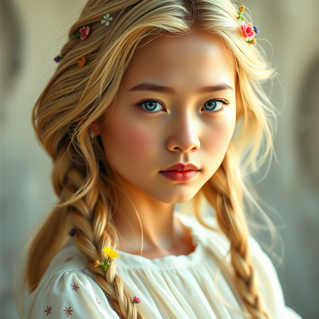 Create an image of a young Lao woman with long, wavy blonde hair, adorned with small, colorful flowers woven into her braids and loose strands. Her complexion is fair, with soft, glowing skin, and she has light blue eyes that gaze softly at the viewer. She wears a light, flowing dress with a gentle, ethereal quality, complementing her delicate and serene appearance. The background is slightly blurred, drawing focus to her tranquil expression and the intricate details of the flowers in her hair. The overall mood of the image is one of natural beauty and grace, evoking a sense of peacefulness and connection with nature.