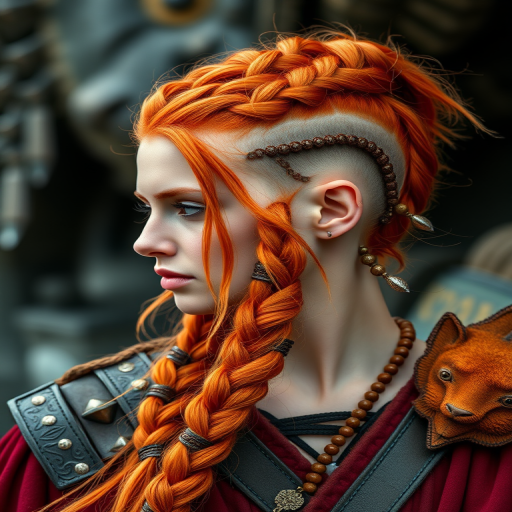Fierce flame-haired warrior with an intricate Viking-inspired braided style, featuring shaved sides and ornate beads