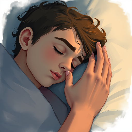 Create a detailed illustration of a person sleeping with a gentle hand reaching out to them, using an overhead view, with a soft focus, in a digital painting style, using a 50mm lens at f/1.8 for a shallow depth of field.