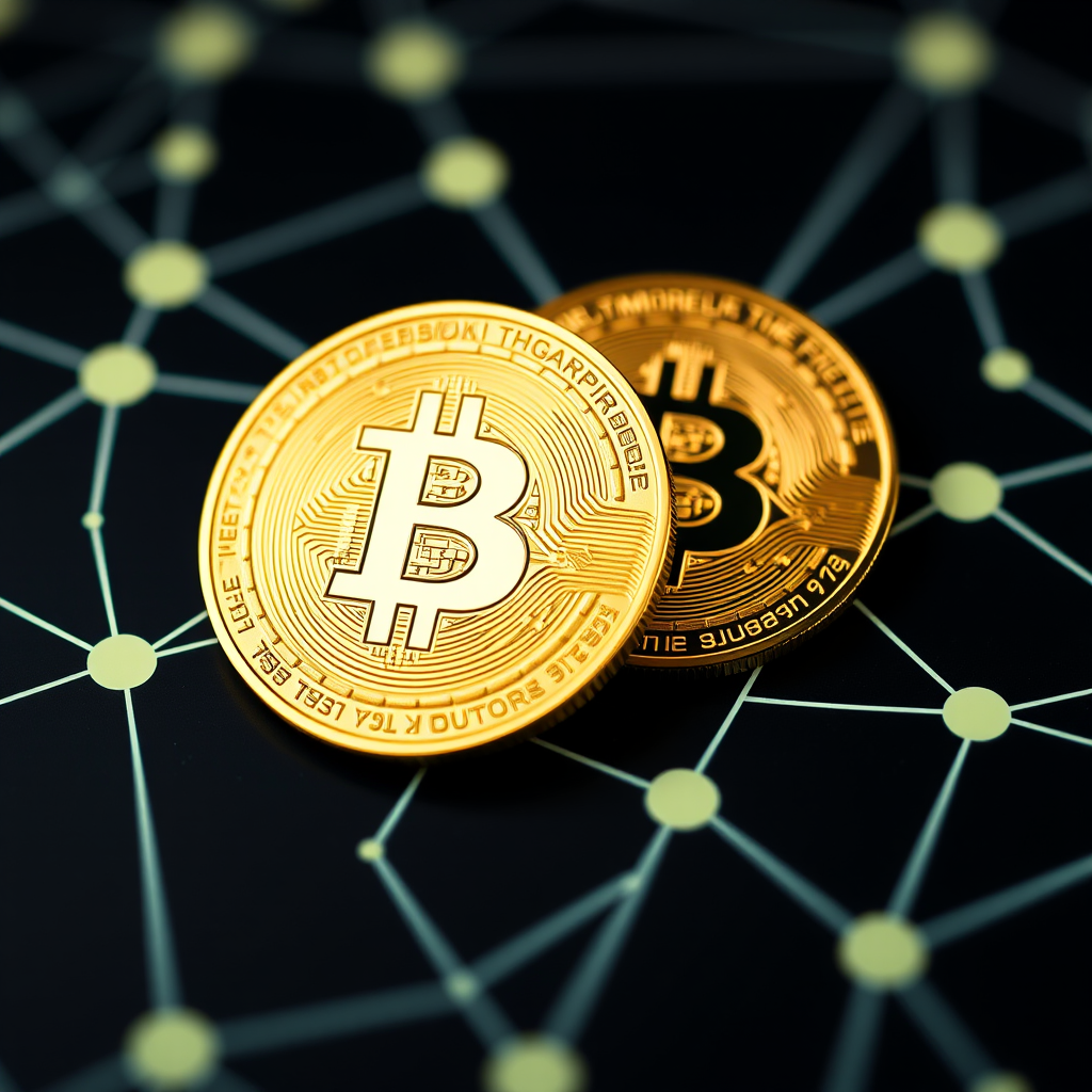 Generate a high-resolution image of two gold Bitcoin coins resting on a dark background with glowing network connections, camera settings: f/2.8 aperture, 1/125 shutter speed, ISO 100, camera view: close-up, camera style: macro photography, camera type: digital DSLR.