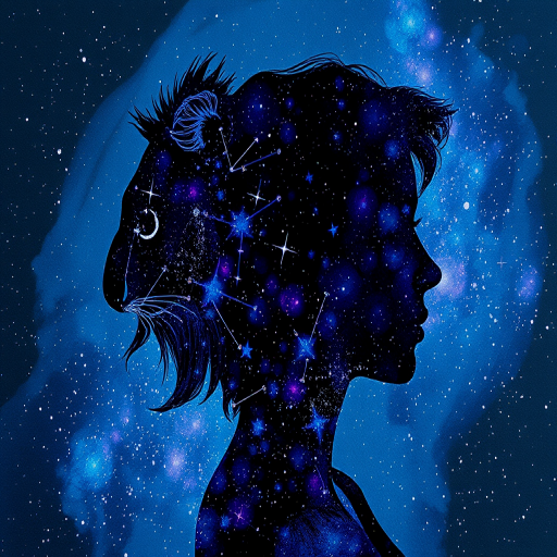 Captivating conceptual render alcohol ink art, double exposure, the paint strokes artfully merge combining a woman's full silhouette with a Cute koala's silhouette. The figures are composed of a series of colored dots, lines & spots that evoke the image of a cosmic galaxy, colors are deep shades of blue purple & black with flashes of white & silver representing distant stars. The woman's silhouette is formed within the lion's silhouette from constellations of scattered stars, surreal