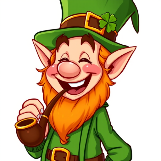 Regenerate a vibrant cartoon illustration of a cheerful leprechaun laughing with a pipe, wearing a green hat with a gold buckle and a shamrock, using a digital illustration style, 300 DPI resolution, 4K quality, wide-angle view, soft lighting, and high contrast.