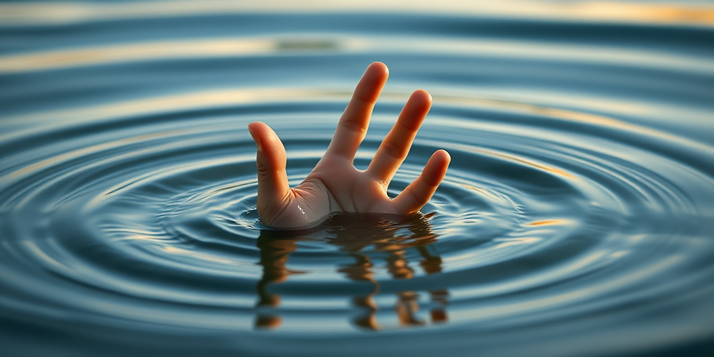 Create an image of a hand emerging from calm water, capturing the ripples around it, using a Canon EOS R5, 50mm lens, f/1.8 aperture, ISO 100, with soft lighting and a shallow depth of field.