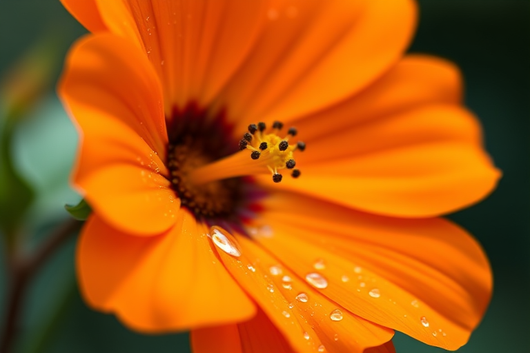 close-up of an orange flower with water droplets, macro lens, aperture f/2.8, shutter speed 1/200 sec, ISO 100, natural light, DSLR camera, shallow depth of field, vibrant background blurring.