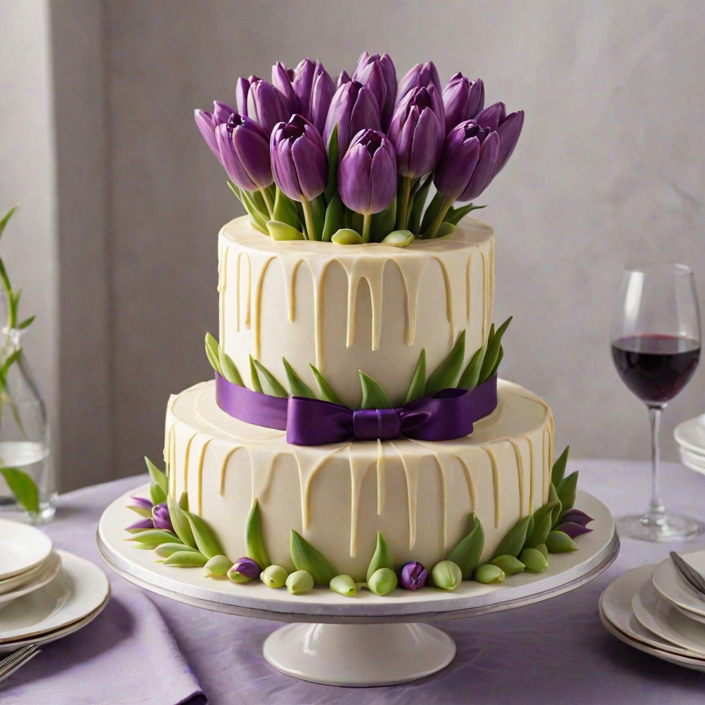 Create an elegant two-tier cake with a white chocolate collar, adorned with purple tulips on top. The design should feature a smooth, creamy finish, with a rich ribbon wrapped around the base of each tier. The background should be dark to highlight the cake's colors.