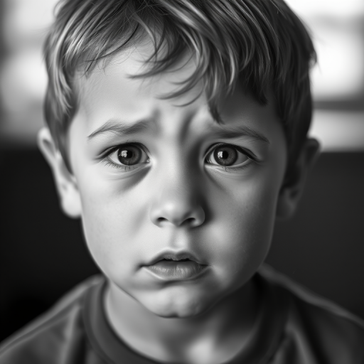 portrait of a young boy with a concerned expression, showing emotion, soft natural lighting, shallow depth of field, 50mm lens, f/1.8 aperture, ISO 200, taken with a DSLR camera, black and white style