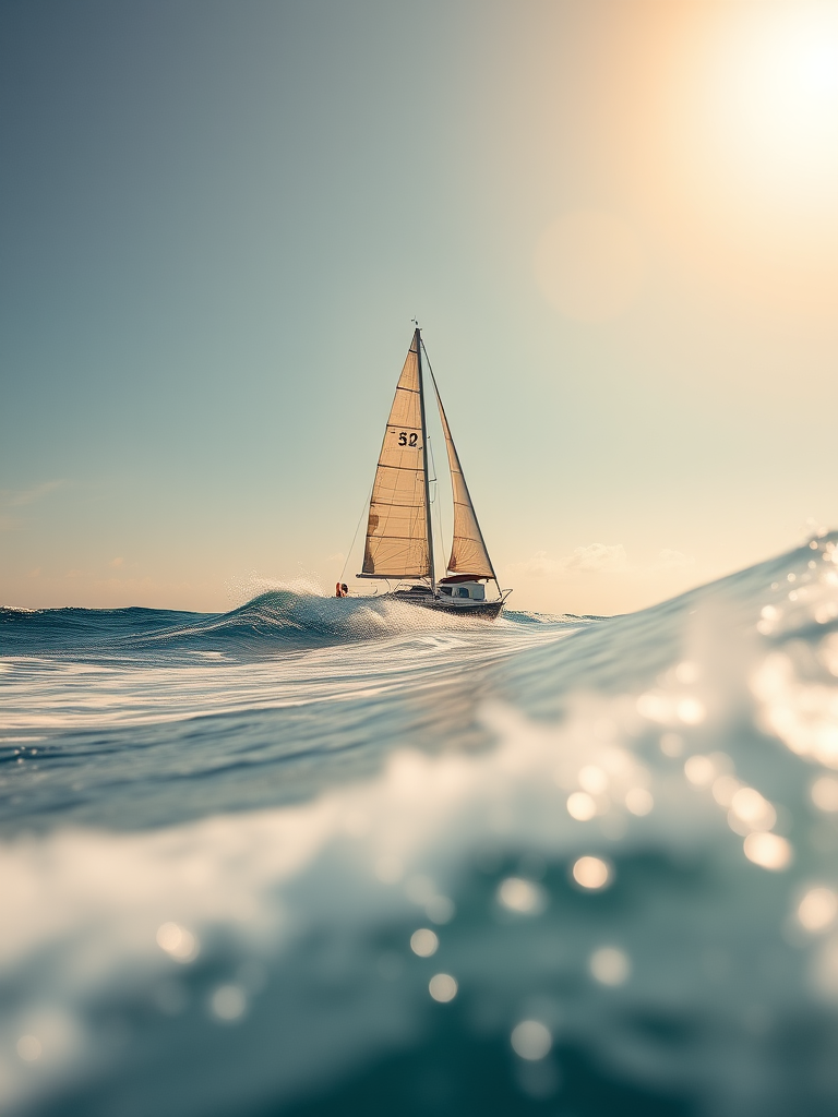 generate a high-quality image of a sailboat on a large ocean wave against a bright sky using a DSLR camera at f/8 aperture, ISO 100, 1/500 sec shutter speed, wide-angle lens, shot from a low angle for dramatic effect.