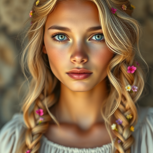 Create an image of a young Amhara woman with long, wavy blonde hair, adorned with small, colorful flowers woven into her braids and loose strands. Her complexion is fair, with soft, glowing skin, and she has light blue eyes that gaze softly at the viewer. She wears a light, flowing dress with a gentle, ethereal quality, complementing her delicate and serene appearance. The background is slightly blurred, drawing focus to her tranquil expression and the intricate details of the flowers in her hair. The overall mood of the image is one of natural beauty and grace, evoking a sense of peacefulness and connection with nature.