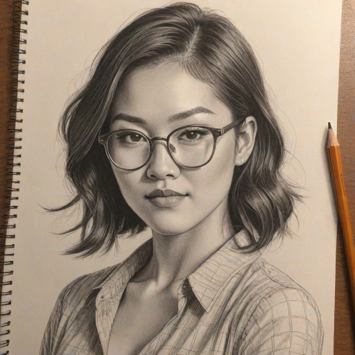 Splendid Ally Maki, pencil sketch, portrait of Magnificent woman 1929s in glasses, hair style beatnik, outline, clear lines, fine lines, 8k