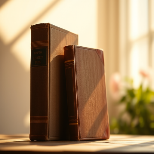 Create a hyper-realistic image of two vintage books standing with shadows, soft-focus background, sunny daylight, 50mm lens, aperture f/2.8, ISO 100, 3-point lighting setup, shallow depth of field, digital DSLR camera.