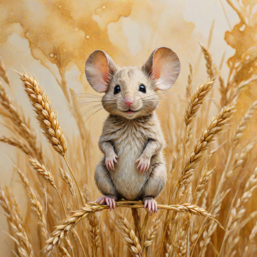 Soft, muted Alcohol Ink with ebru effect background image of tiny whimsical mousey, who climbed high on the top of a golden rye ear.