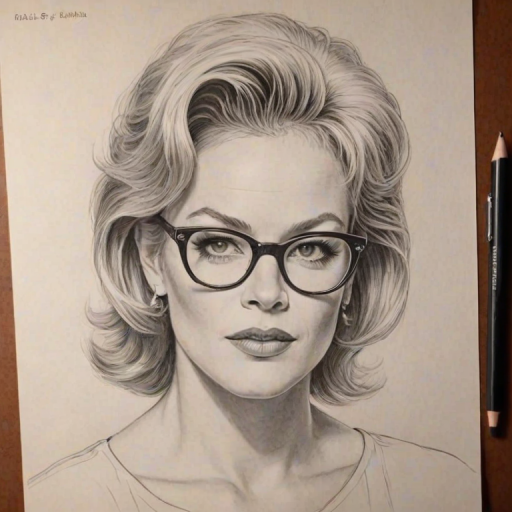 Dazzling Melanie Griffith, pencil sketch, portrait of Appealing woman 1954s in glasses, hair style beatnik, outline, clear lines, fine lines, 8k