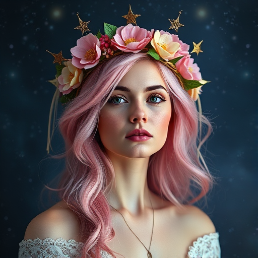 Create a portrait of a mystical female figure with pink hair and a celestial crown adorned with flowers and stars, set against a galaxy background, captured with a Canon EOS R5 using a 50mm lens at f/1.2, ISO 100, 1/125s, in soft natural lighting for enhanced detail and vibrant colors.
