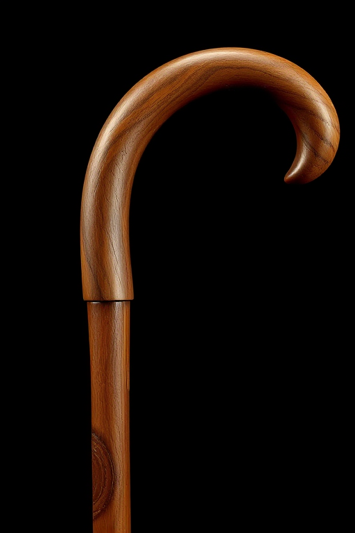 Create a highly detailed digital illustration of a wooden cane with a curved handle, set against a solid black background, using a 50mm lens, f/2.8 aperture, ISO 100, with soft lighting to enhance texture and color depth.