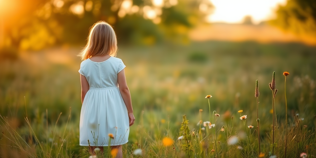Soft-focus image of a girl in a white dress standing in a meadow at sunrise, her back to the camera, with soft golden light filtering through the trees and wildflowers in the foreground.