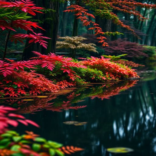 Create a lush, vibrant forest scene during a rain shower with vivid red and green foliage reflected in a tranquil body of water, captured with a DSLR camera at f/2.8, 50mm lens, ISO 100, with a shallow depth of field and an eye-level view, using natural lighting to enhance colors and details.