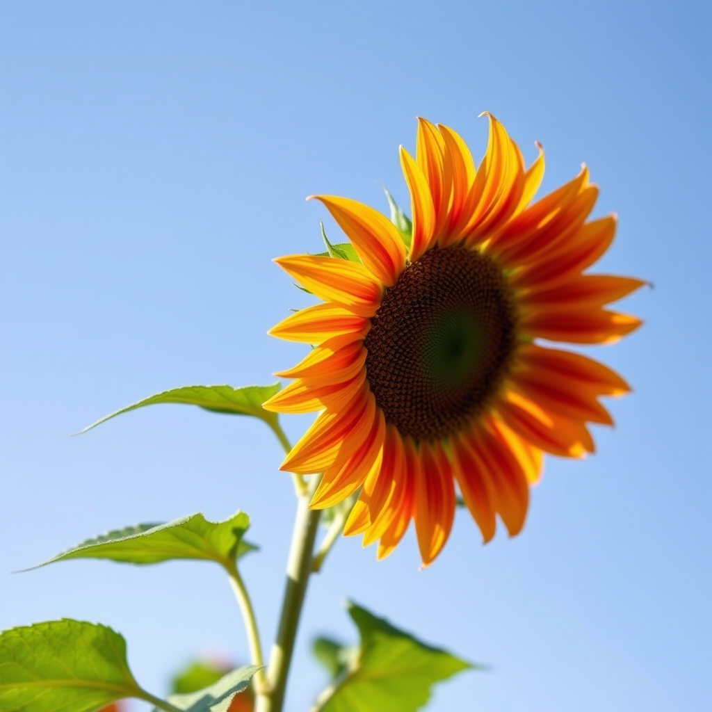 a vibrant sunflower against a clear blue sky, captured with a Canon EOS 5D Mark IV, 50mm lens, f/2.8 aperture, ISO 100, natural light, shallow depth of field for soft background blur