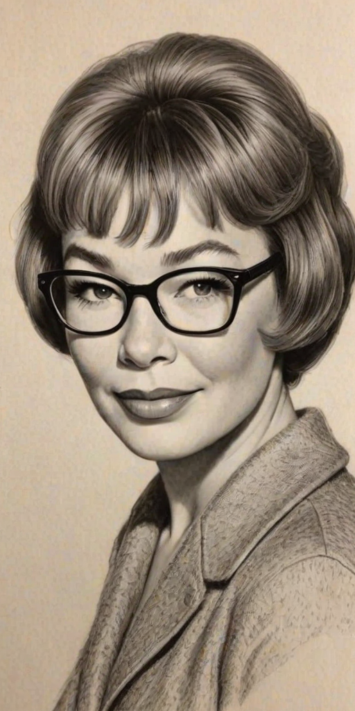Charming Shirley MacLaine, pencil sketch, portrait of Beauteous woman 1952s in glasses, hair style beatnik, outline, clear lines, fine lines, 8k