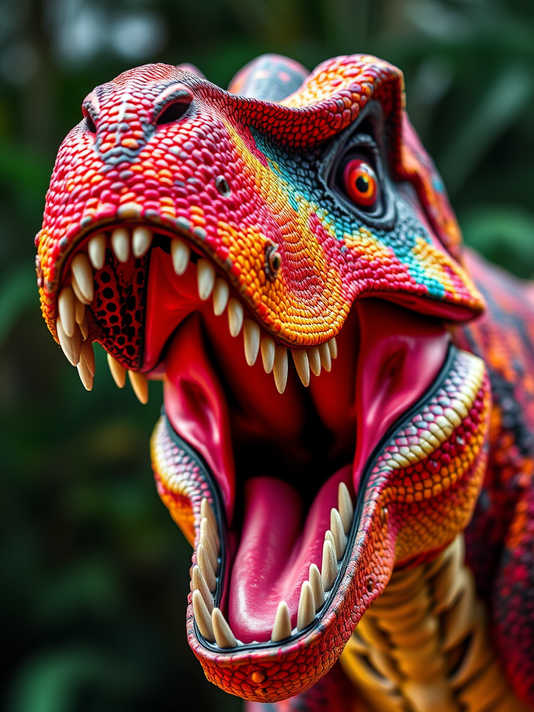 Create a vibrant and detailed illustration of a roaring dinosaur head with a colorful and textured surface, captured with a Canon EOS 5D Mark IV camera, 50mm lens, f/1.8 aperture, ISO 100, in high dynamic range style with a focus on vivid colors and sharp details.