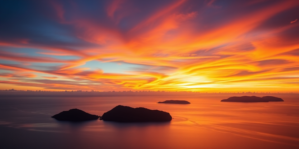 Create a high-resolution image of a vibrant sunset over a calm ocean with silhouetted islands in the foreground, using a DSLR camera with a 50mm lens, aperture set to f/1.8, ISO 100, golden hour lighting, and a wide-angle perspective to capture the expansive sky and water reflections.
