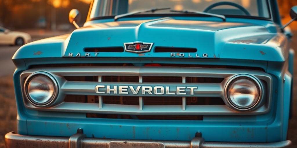 Regenerate a close-up shot of an old blue Chevrolet pickup truck front view, using a DSLR camera, 50mm f/1.8 lens, aperture f/2.8, ISO 100, shutter speed 1/200s, golden hour lighting for enhanced image quality.