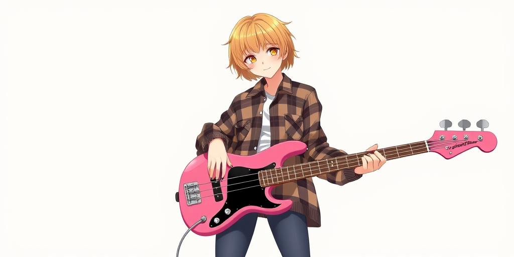 Create a detailed illustration of a stylish female character with short blonde hair, wearing a plaid oversized shirt and leggings, holding a pink bass guitar, set against a plain white background, using a Canon EOS R5 camera, 85mm lens, aperture f/2.8, soft natural lighting, and a portrait style for enhanced clarity and color vibrancy.