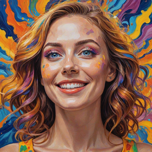 Generate a psychedelic portrait of a woman's happy face with brushstrokes of a woman smiling and looking up at the sky, emphasizing bright and bold colors. The dominant color should be deep blue, with swirling patterns of yellow, green, pink, purple and orange. open blue eyes with long eyelashes, apply an orange-yellow eyeshadow for a mesmerizing effect.