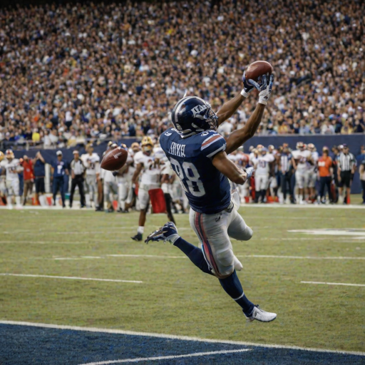 Blurry action shot of a football player diving for a catch in the end zone, the ball suspended mid-air, distant fans cheering, and the intense energy of the game captured in motion.