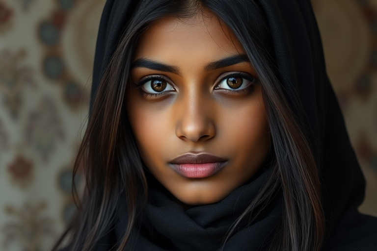 Create a portrait of a young Indian woman with long, dark hair and captivating hazel eyes. She is wearing a black headscarf and a matching scarf draped gracefully around her neck. The background is softly blurred, focusing attention on her serene and natural expression. The overall color palette is muted and warm, enhancing the intimate and authentic feel of the portrait.