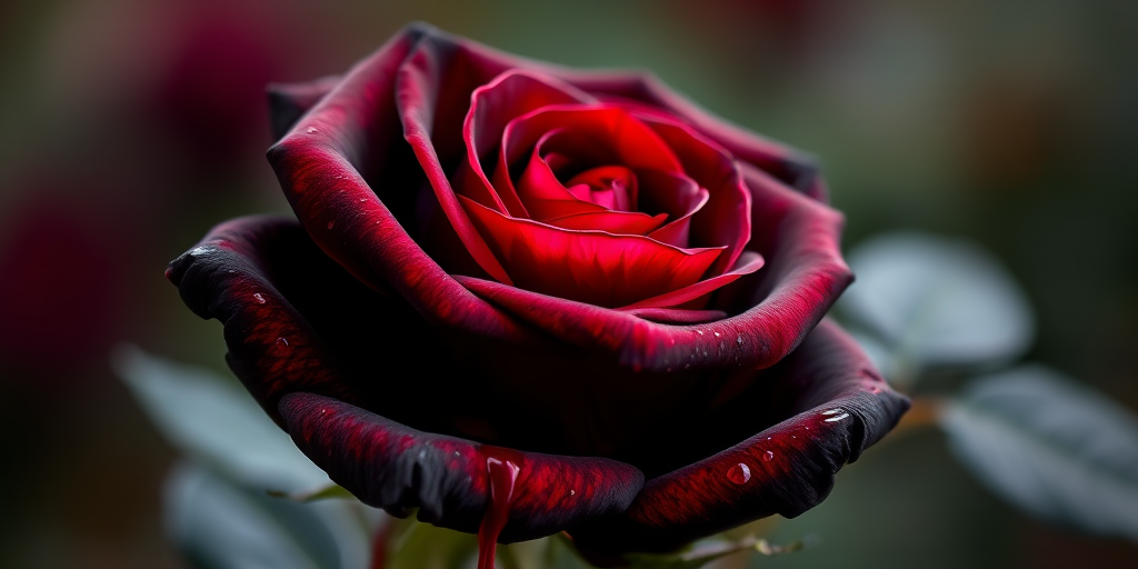 Create a high-resolution image of a black rose with red accents and dripping effects on the petals and leaves, using a macro lens at f/2.8 for shallow depth of field, ISO 100 for clarity, and a soft, diffused natural light setup to enhance the details and colors.