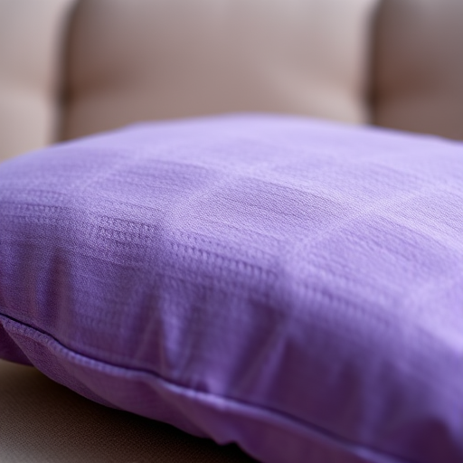 Create a high-resolution image of a textured purple pillow with soft lighting, shallow depth of field, captured with a DSLR camera at f/2.8, 50mm lens, ISO 100, and a slight angle view for a dynamic perspective.
