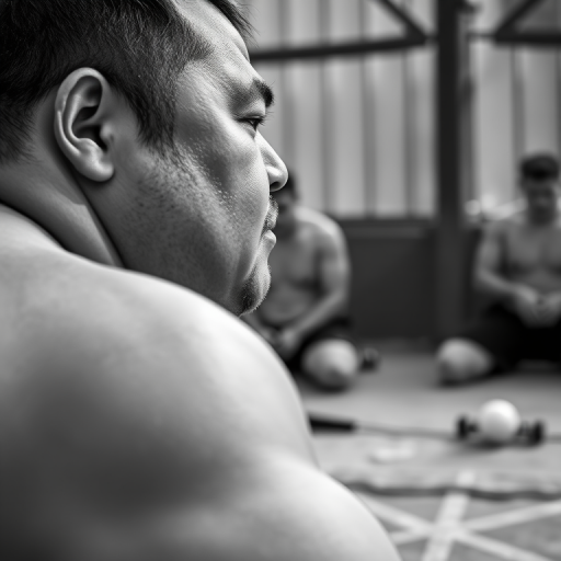 Capture a close-up shot of a sumo wrestler in a training session, using a DSLR camera with a 50mm lens, aperture f/2.8, ISO 200, shutter speed 1/250, in natural light, emphasizing texture and muscle details in black and white.