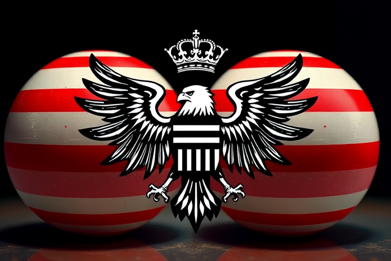 Create an image of two striped red spheres with a detailed black and white eagle with a crown in the center, using a Canon EOS R5 camera, 50mm lens, aperture f/2.8, ISO 100, in a high dynamic range style with a soft focus background for enhanced depth and clarity.