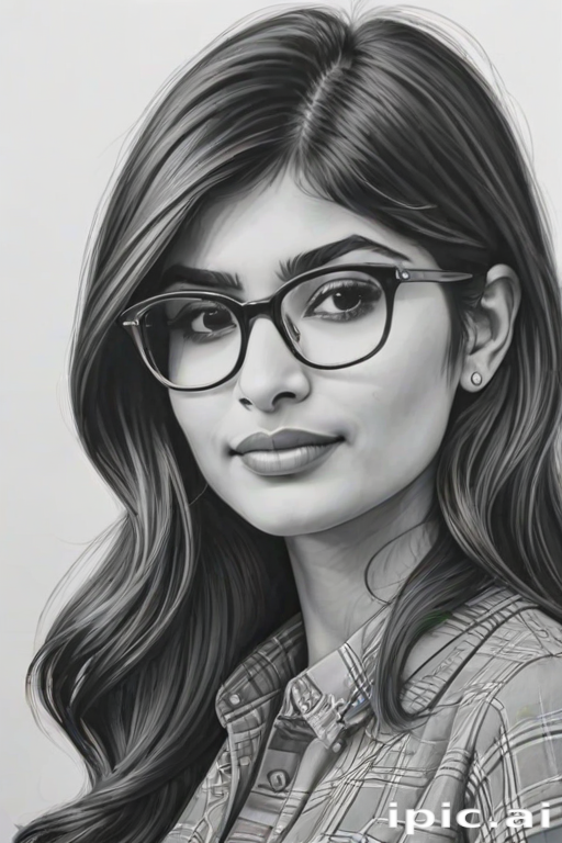 hot mia khalifa, pencil sketch, portrait of beautiful woman 60s in glasses, hair style beatnik, outline, clear lines, fine lines, 8k