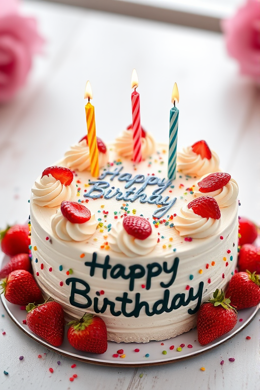 Create a high-resolution image of a birthday cake with colorful decorations, five candles on top, strawberries around the edge, and a message saying "Happy Birthday," shot with a DSLR camera at f/2.8, 50mm lens, ISO 100, 1/100 sec, top-down view, with soft natural lighting to enhance texture and color vibrancy.