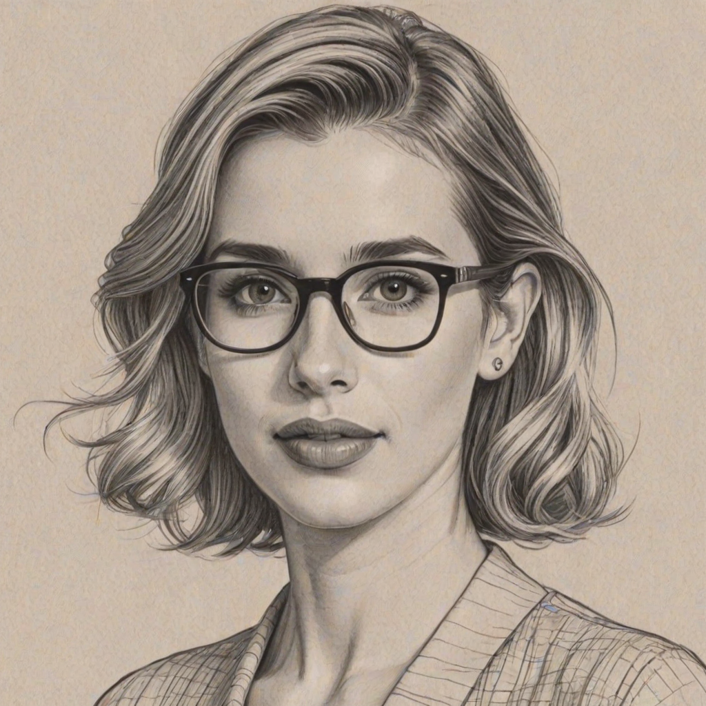 Radiant Emma Roberts, pencil sketch, portrait of Splendid woman 1956s in glasses, hair style beatnik, outline, clear lines, fine lines, 8k