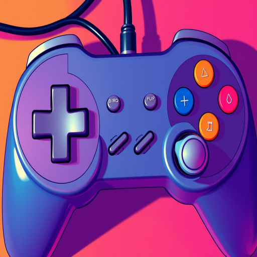 Create a vibrant and detailed illustration of a retro gaming controller with a focus on the buttons and dials, using a macro lens, aperture f/2.8, shutter speed 1/60s, ISO 100, top-down view, digital art style.