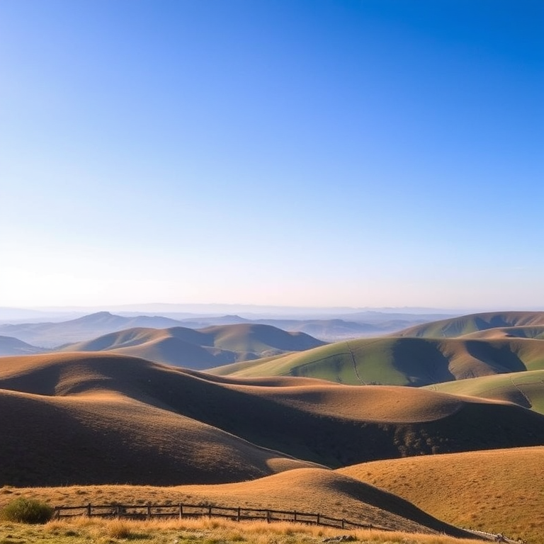 Generate a high-resolution image of a serene landscape featuring rolling hills and a clear blue sky, captured with a Canon EOS R5, f/4 aperture, shutter speed 1/125s, ISO 100, wide-angle lens, and a landscape view to enhance depth and color vibrancy.