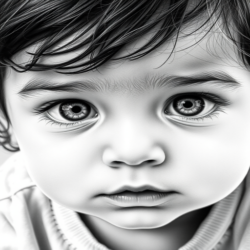 A hyperdetailed photorealistic black and white sketch of a beautiful toddler with deep white eyes, with a macro focus