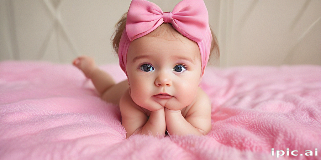 Adorable Baby with Pink Bow Headband Posing on Soft Pink Blanket