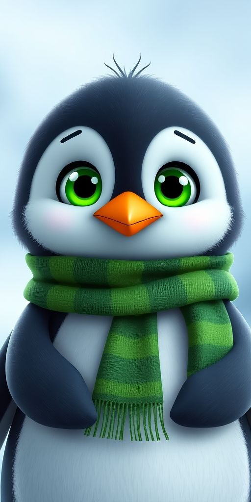 Create a high-quality cartoon image of a penguin with green eyes and a striped green scarf, using a Canon EOS R6, f/2.8 aperture, ISO 100, 50mm lens, portrait view, and vibrant colors for a playful style.