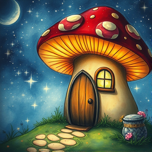 imagine illustration of a mushroom house with a door and a window, a storybook , fantasy art, mushroom house, bg starry sky, sparkles