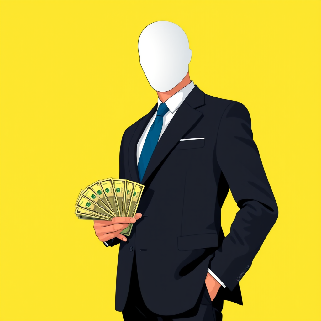 Create an illustration of a faceless business person in a suit holding cash, set against a bright yellow background, with a focus on vibrant colors and clean lines, using a Canon EOS R5 with a 50mm lens, f/1.8 aperture, soft lighting, and a shallow depth of field.