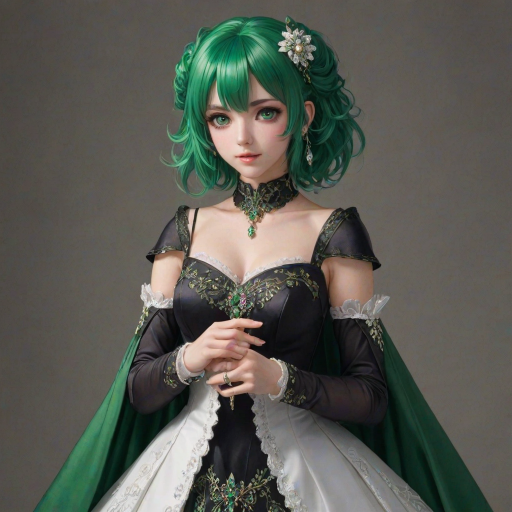 colleidef, green hair, medium hair, purple eyes, hair ornament, hair between eyes, ahoge, small breasts, earrings, single earring, jewelry, green capelet, black dress, detached sleeves, puffy long sleeves, backless dress, bridal gauntlets, crossed bangs