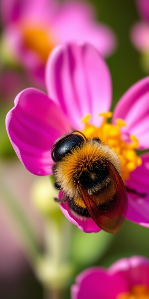 a close-up of a bumblebee pollinating a bright pink flower with soft focus background, shallow depth of field, aperture f/2.8, ISO 100, shutter speed 1/200s, macro lens, natural light, DSLR camera