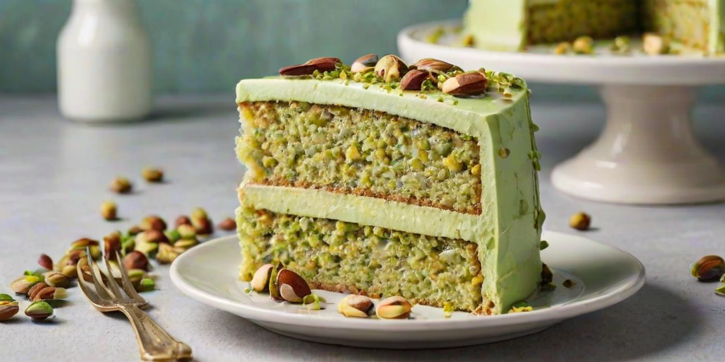 Generate an image of a slice of layered cake on a plate, showcasing a pistachio flavor with a creamy texture. Surround the plate with scattered pistachios and a light, neutral background that enhances the dessert's colors and details.