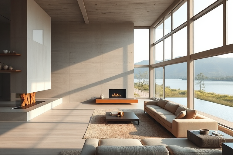 modern minimalist interior design of a spacious living room with concrete walls and large windows overlooking a serene landscape, soft natural lighting, shallow water feature, warm fireplace, soft beige couch, shot with a Canon EOS R5, 24mm lens, aperture f/8, ISO 100, shutter speed 1/60s, wide-angle view to capture the open space