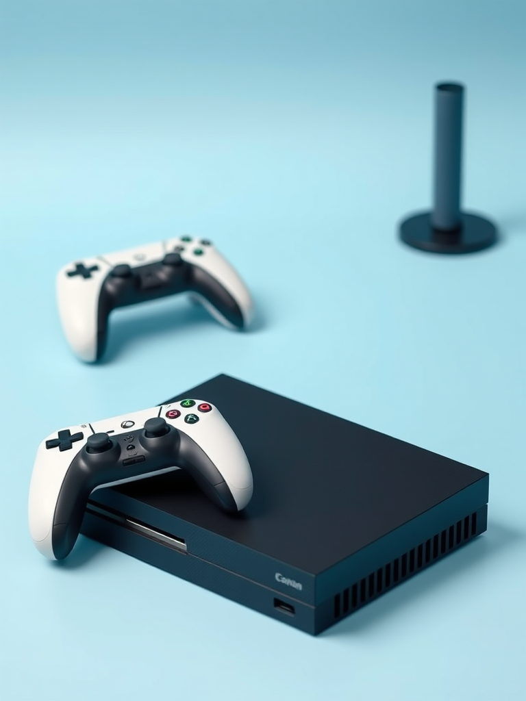 A sleek gaming console with a matte black finish next to a white and black controller on a light blue background, shot with a Canon EOS R5, 50mm lens, f/1.8 aperture, ISO 100, natural lighting, high dynamic range.